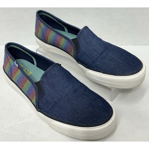 Keds Shoes Womens 8.5 Double Decker Stripe Denim Slip On Sneaker Preppy Nautical - Picture 3 of 10